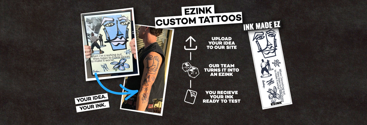 EZINK Custom Tattoos banner: your idea, ink made EZ, your ink, showing a customer sketch turned into a printed EZINK tattoo on an arm